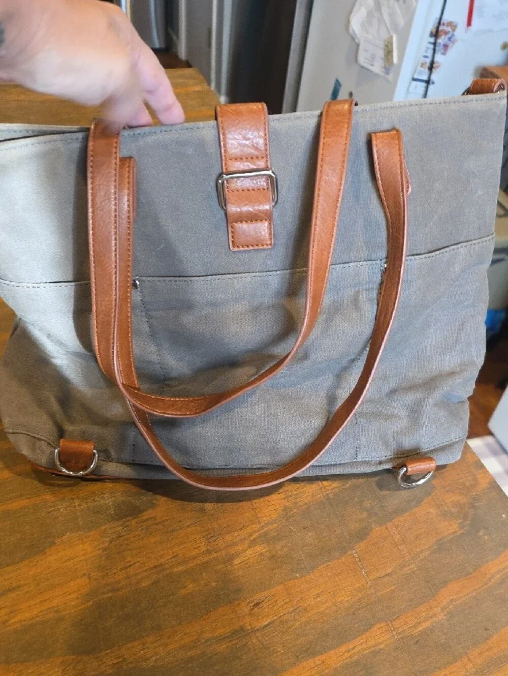 Canvas Baby Tote with Brown Leather Trim - Olive